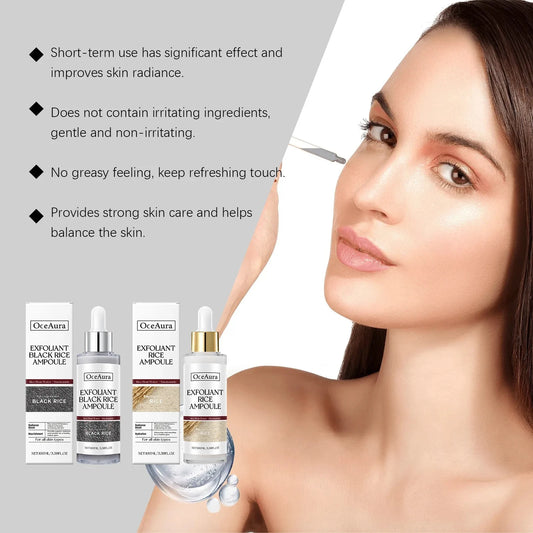 Woman with smooth skin next to skincare exfoliant rice ampoule and text about product benefits