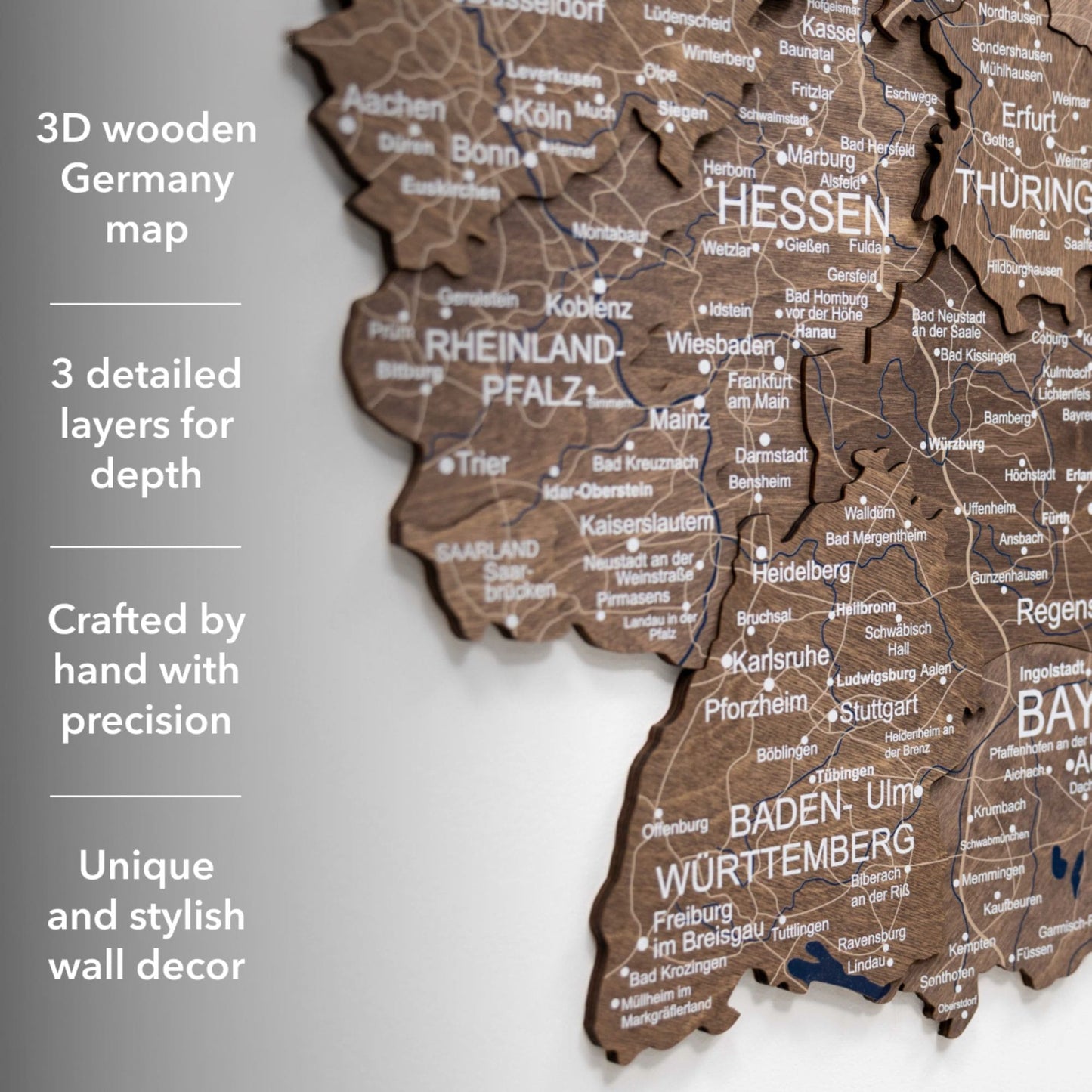 Wooden Germany Map Wall Art - Dark Walnut