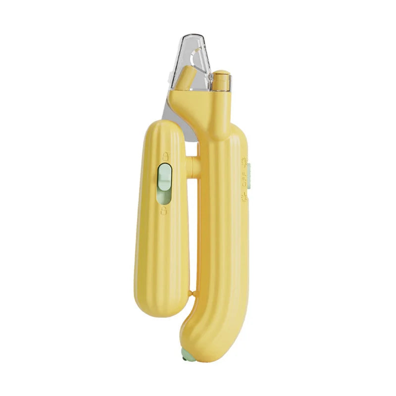 Yellow LED pet nail clipper shown upright with clear protective tip.