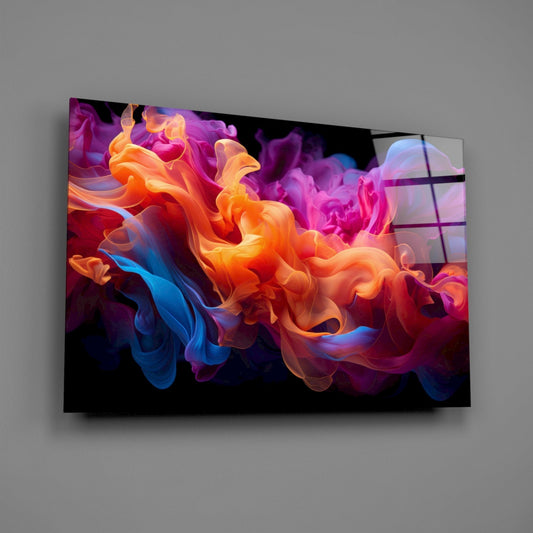 Orange and purple smoke glass wall art on a gray wall, light reflecting off the glossy front