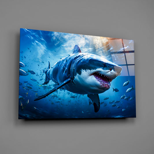 Great white shark glass wall art on a gray wall, light reflecting off the glossy front