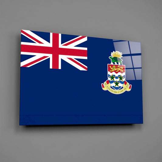 Cayman Islands flag glass wall art on a gray wall with a window reflection across the glossy glass