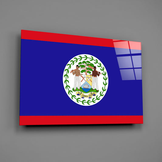 Belize flag glass wall art on a gray wall with a window reflection across the glossy glass