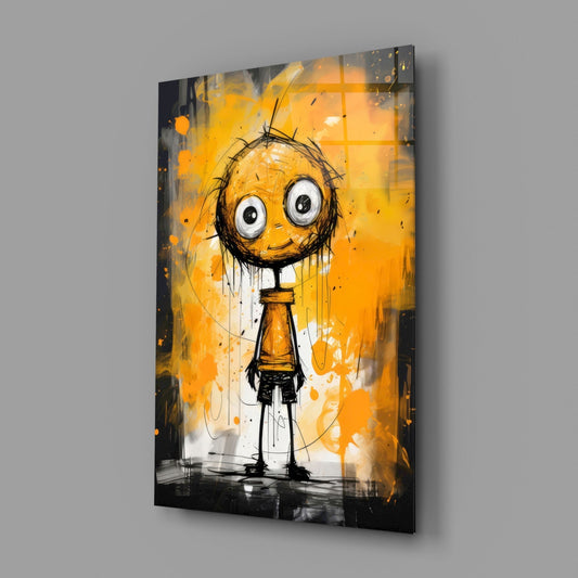 Orange doodle character glass wall art on a gray wall, light reflecting off the glossy front