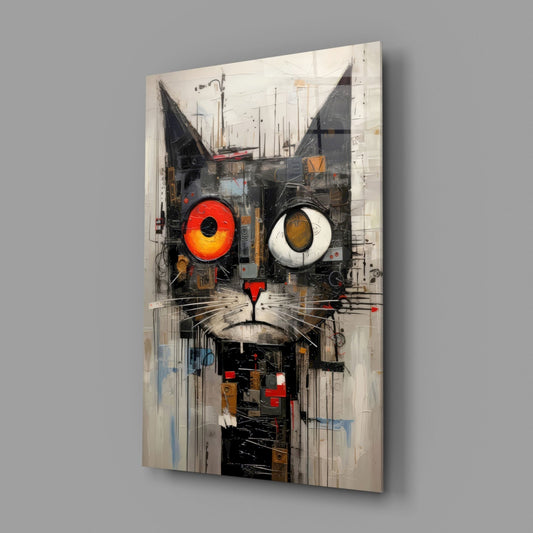 Collage cat with mismatched eyes glass wall art angled on a plain gray wall