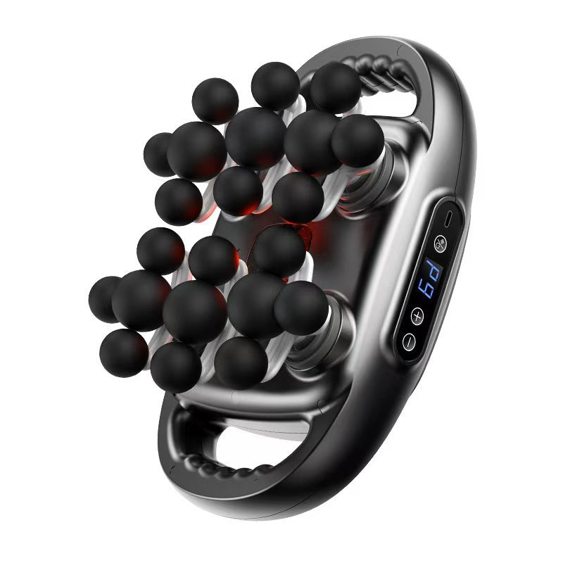 Handheld massager with 22 black heads and digital display on a white background
