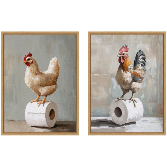 Chicken and Rooster Bathroom 2 Piece Framed Canvas Art Set