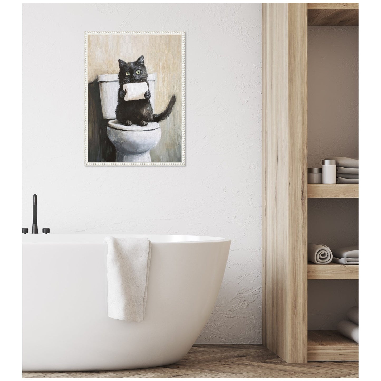 Mischievous Black Cat Bathroom Framed Canvas
