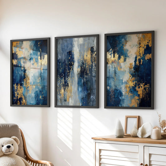Navy and Gold Abstract Wall Art Set of 3 Contemporary Prints