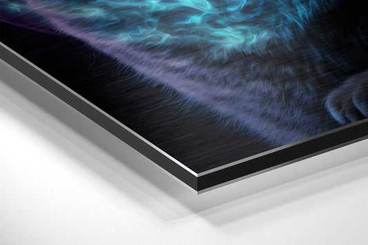Tabby cat with planets brushed aluminum panel corner close-up showing the brushed metal grain