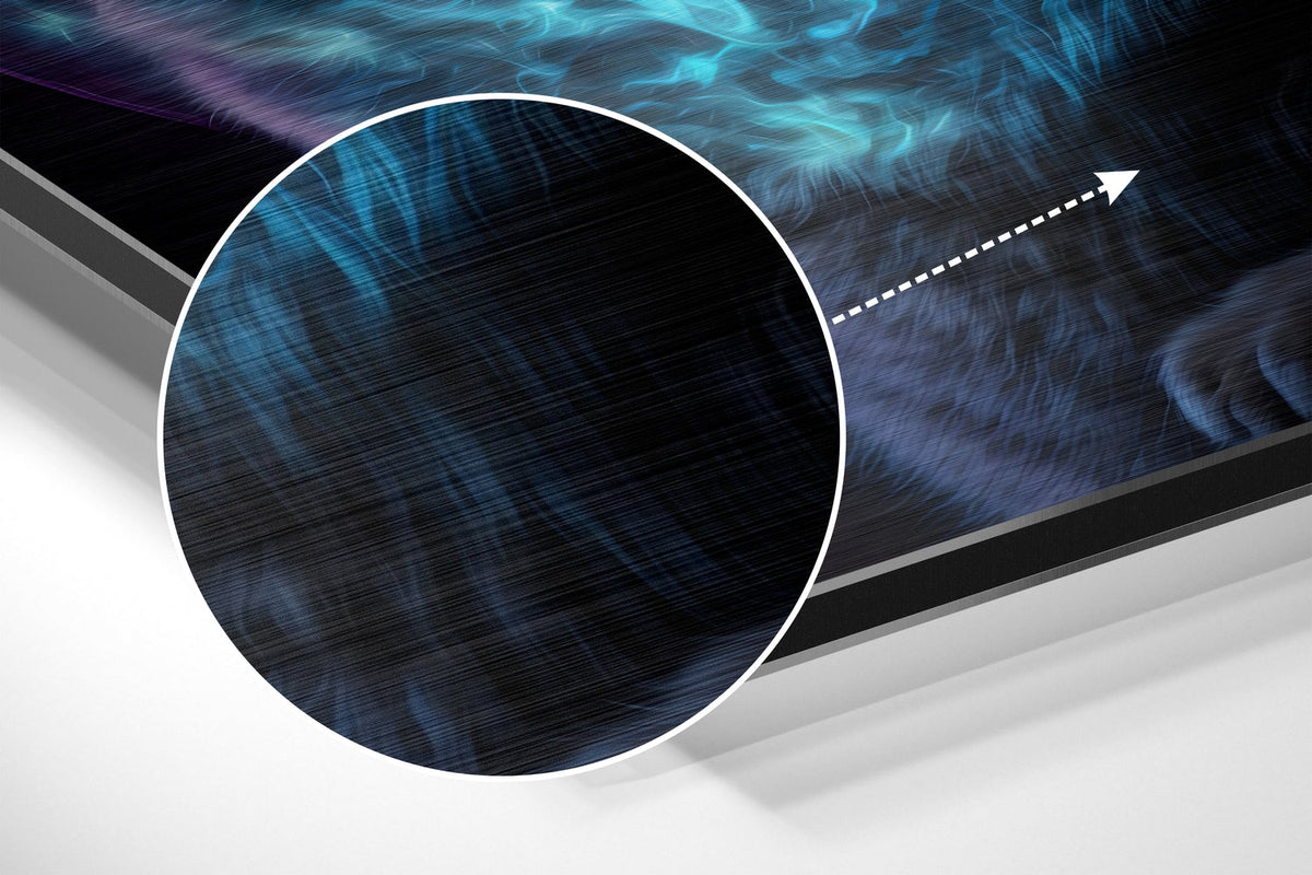 Magnified detail of the brushed metal grain showing through the tabby cat with planets print