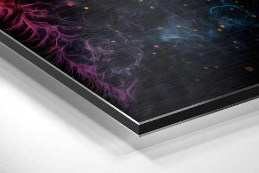 Rainbow nebula cat brushed aluminum panel corner close-up showing the brushed metal grain