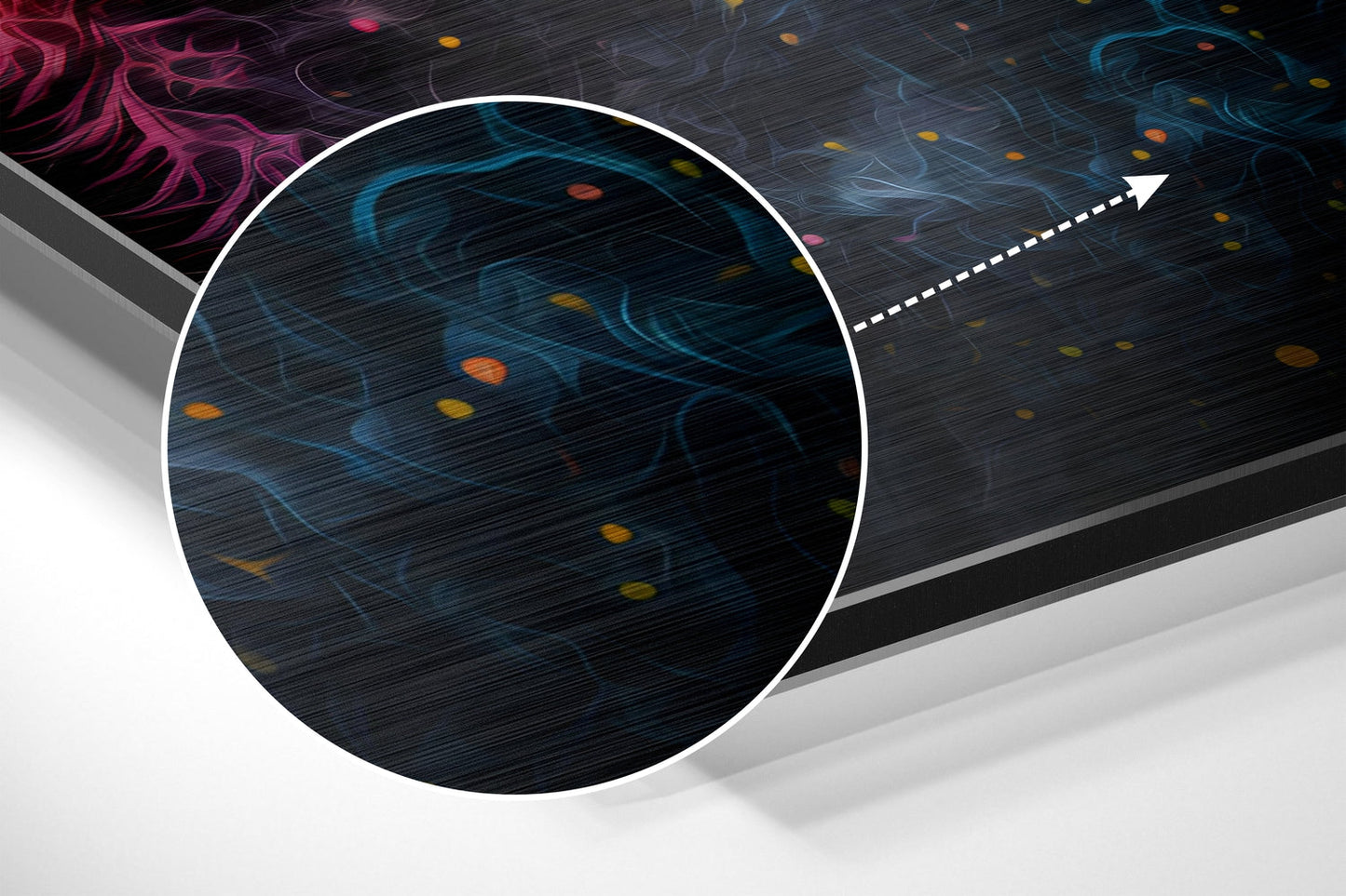 Magnified detail of the brushed metal grain showing through the rainbow nebula cat print