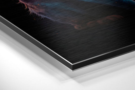 Seated cosmic cat brushed aluminum panel corner close-up showing the brushed metal grain