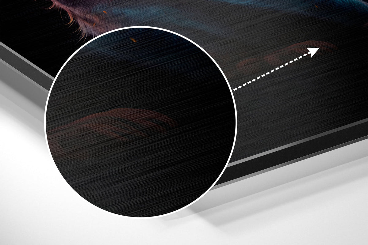 Magnified detail of the brushed metal grain showing through the seated cosmic cat print