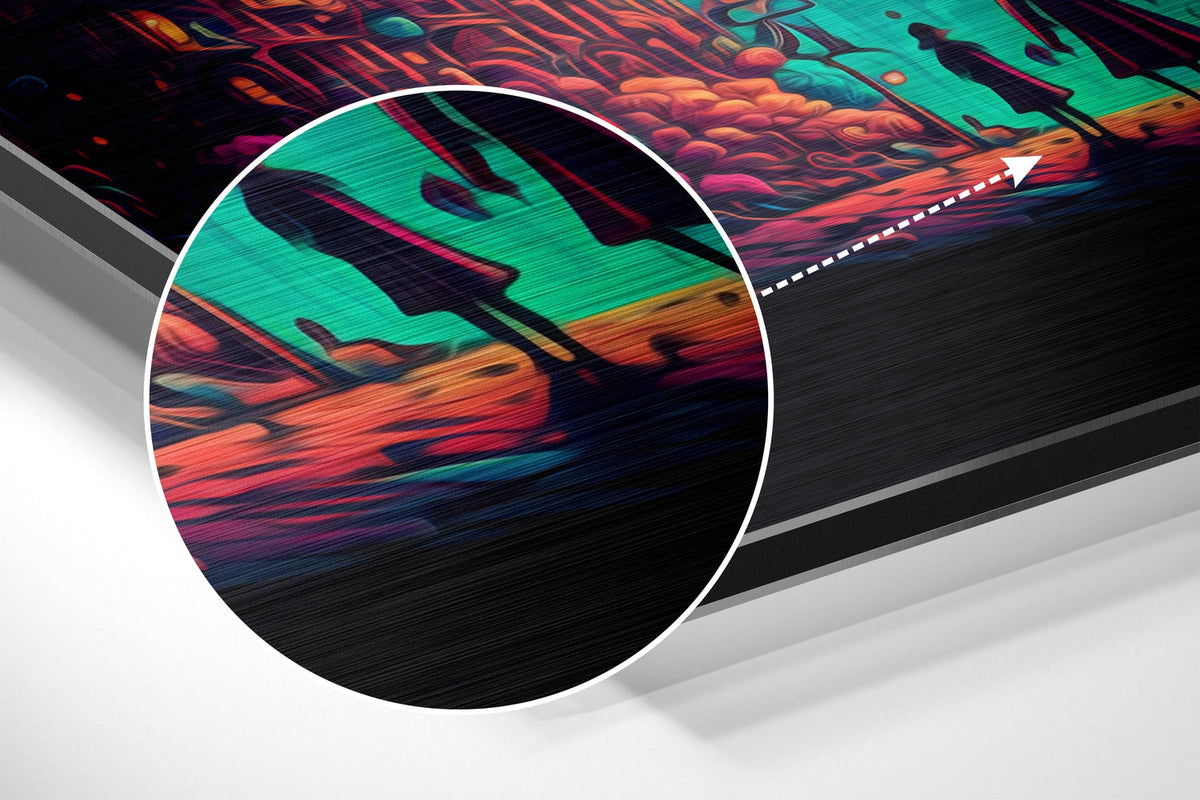Magnified detail of the brushed metal grain showing through the retro sci-fi city under an orange sky print
