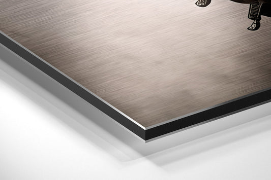 Armored war horse brushed aluminum panel corner close-up showing the brushed metal grain