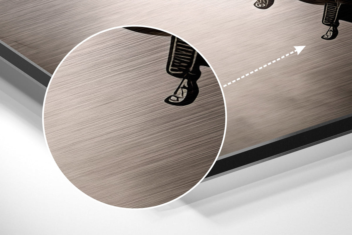 Magnified detail of the brushed metal grain showing through the armored war horse print