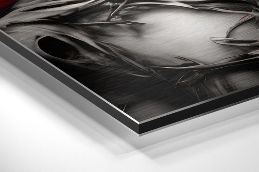Skull face warrior on red brushed aluminum panel corner close-up showing the brushed metal grain