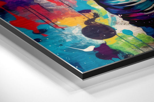 Rainbow splash astronaut with a galaxy visor brushed aluminum panel corner close-up showing the brushed metal grain