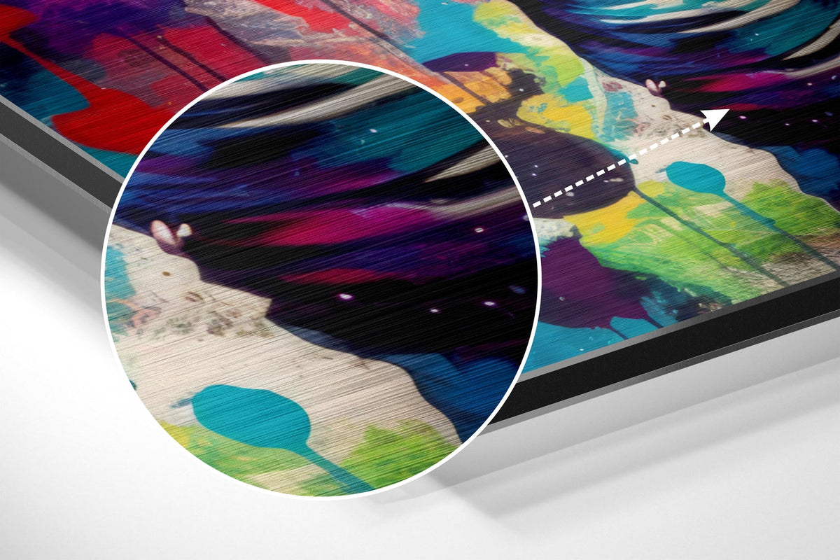 Magnified detail of the brushed metal grain showing through the rainbow splash astronaut with a galaxy visor print