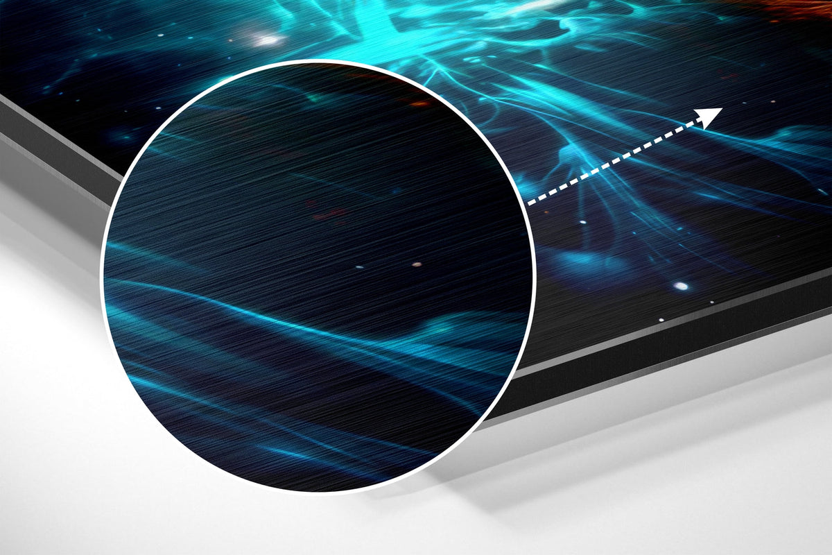 Magnified detail of the brushed metal grain showing through the colliding energy streams print