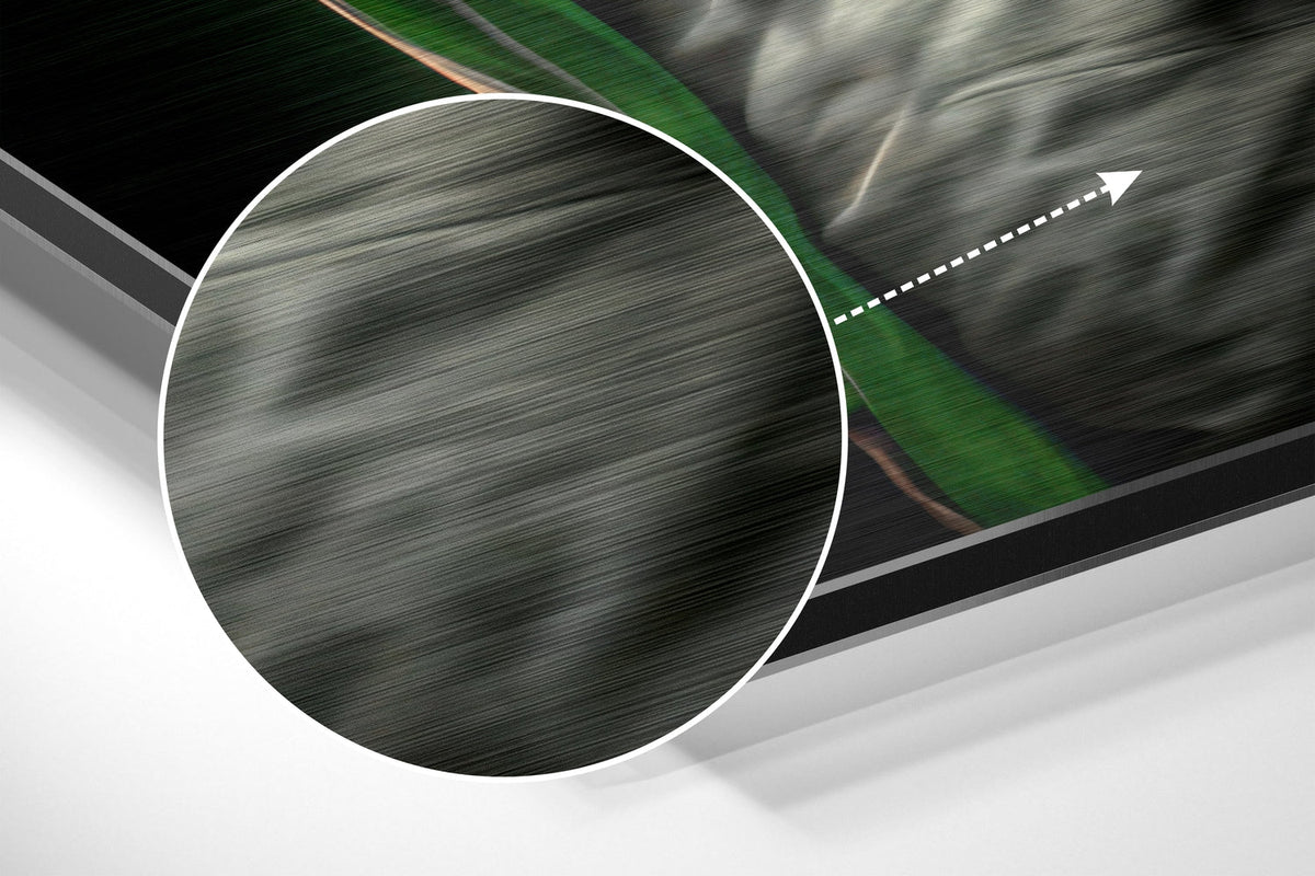 Magnified detail of the brushed metal grain showing through the green hoodie gorilla with headphones print