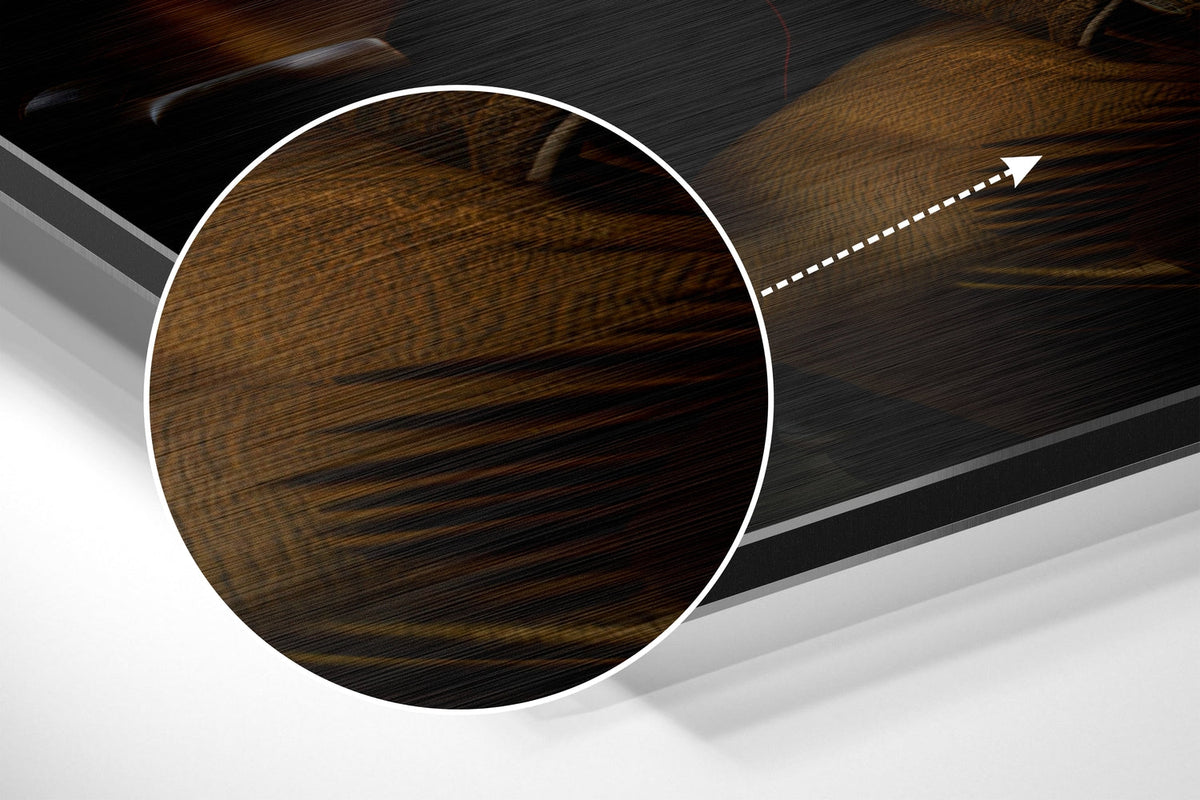 Magnified detail of the brushed metal grain showing through the lion in a red velvet coat print