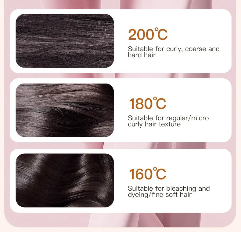Wireless Hair Straightening Comb with temperature recommendations for different hair textures on a pink background.