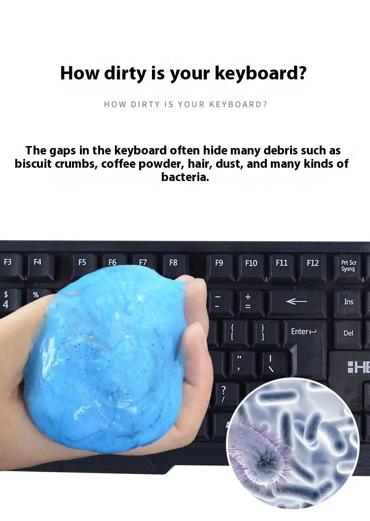 Cleaning slime lifting crumbs from computer keyboard keys
