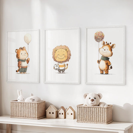 Woodland Jungle Nursery Wall Art Set of 3 - Lion, Giraffe, Tiger