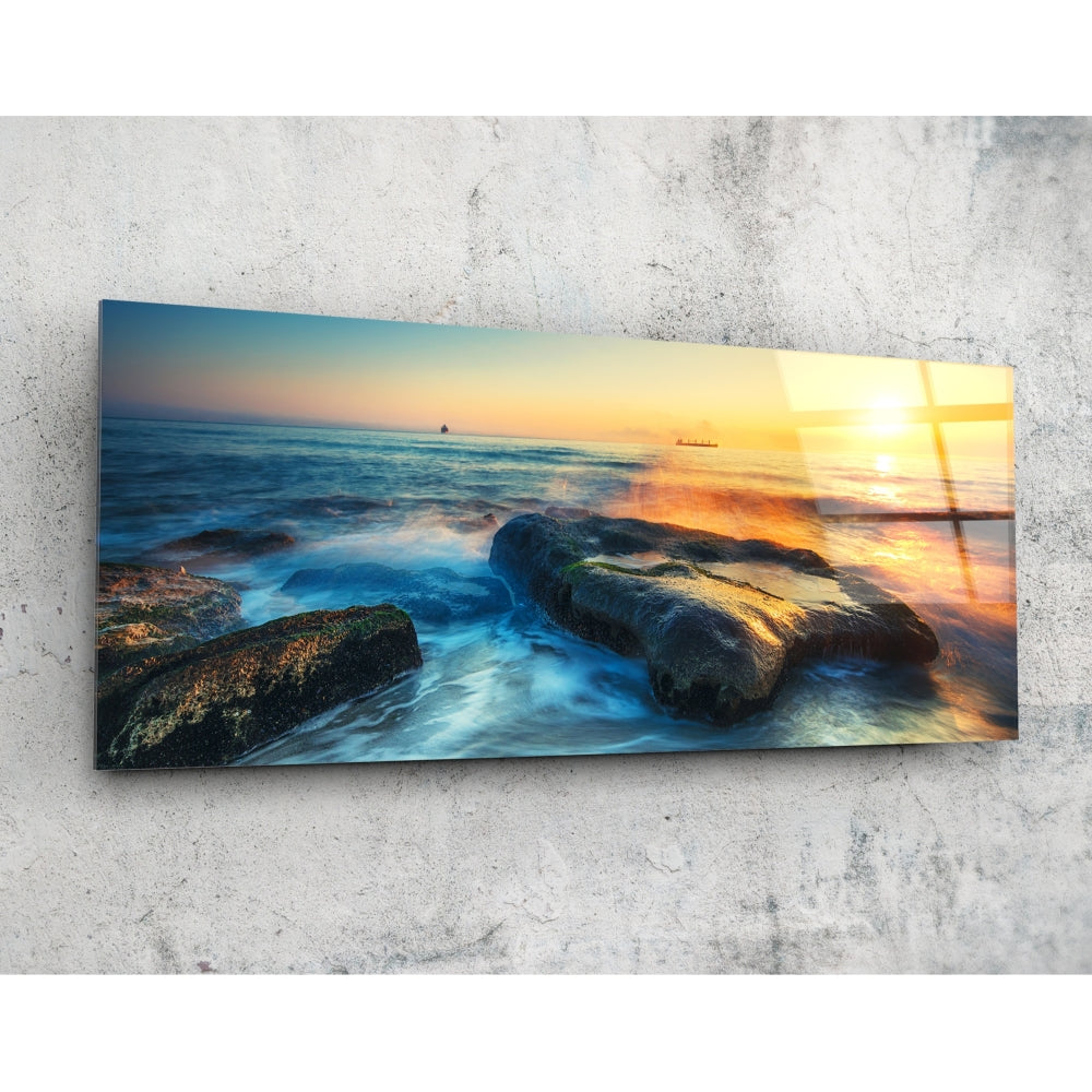 Mossy Rocks Sunrise Sea Glass Wall Art coastal print