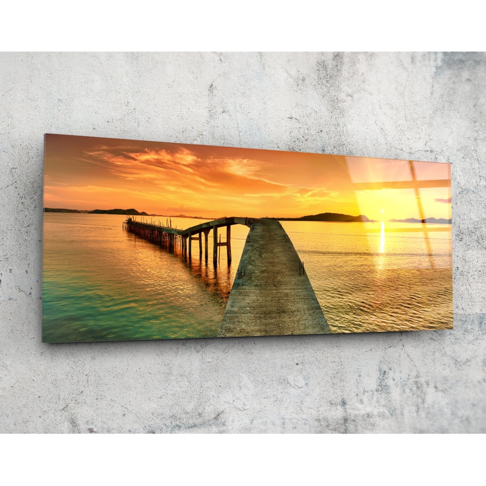 Golden Sunset Curved Pier glass wall art sunset water scene print
