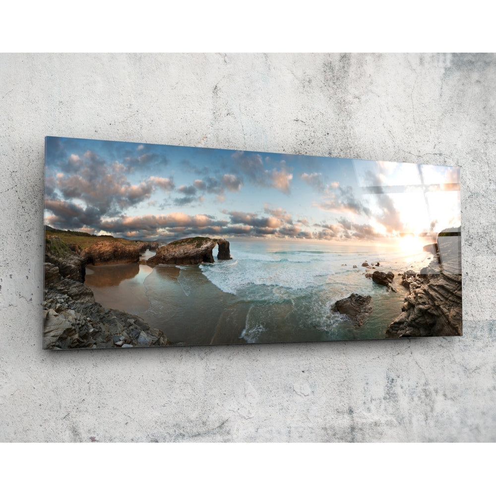 Beach glass wall art coastal shoreline scene on tempered glass
