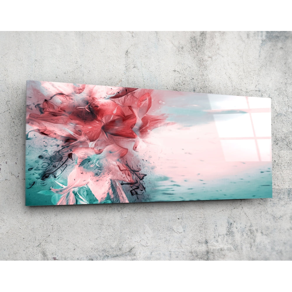 Coral and Teal Ink Burst glass wall art with fluid abstract design