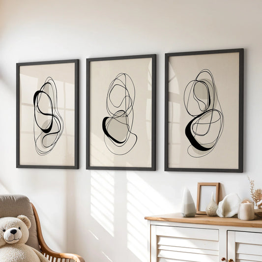 Black and Beige Abstract Wall Art Set of 3 Line Prints