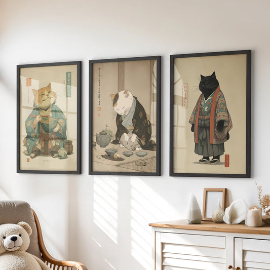 Japanese Ukiyo-e Cat Wall Art, Tea Ceremony Set of 3