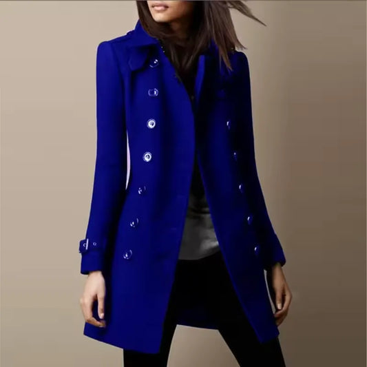 blue double-breasted long coat on female model