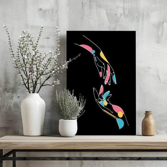 Two Reaching Hands Line Art On Black Aluminum Print