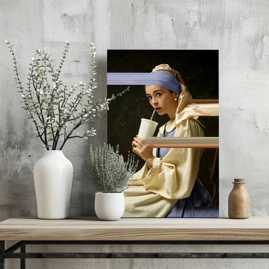 Pearl Earring Girl Soda Cup Glitch Aluminum Print