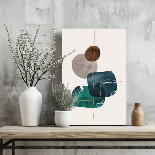 Teal Navy Rounded Shapes Gold Grid Lines Aluminum Print