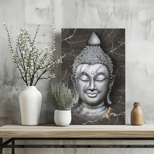White Marble Buddha Head on Dark Leaves Aluminum Print