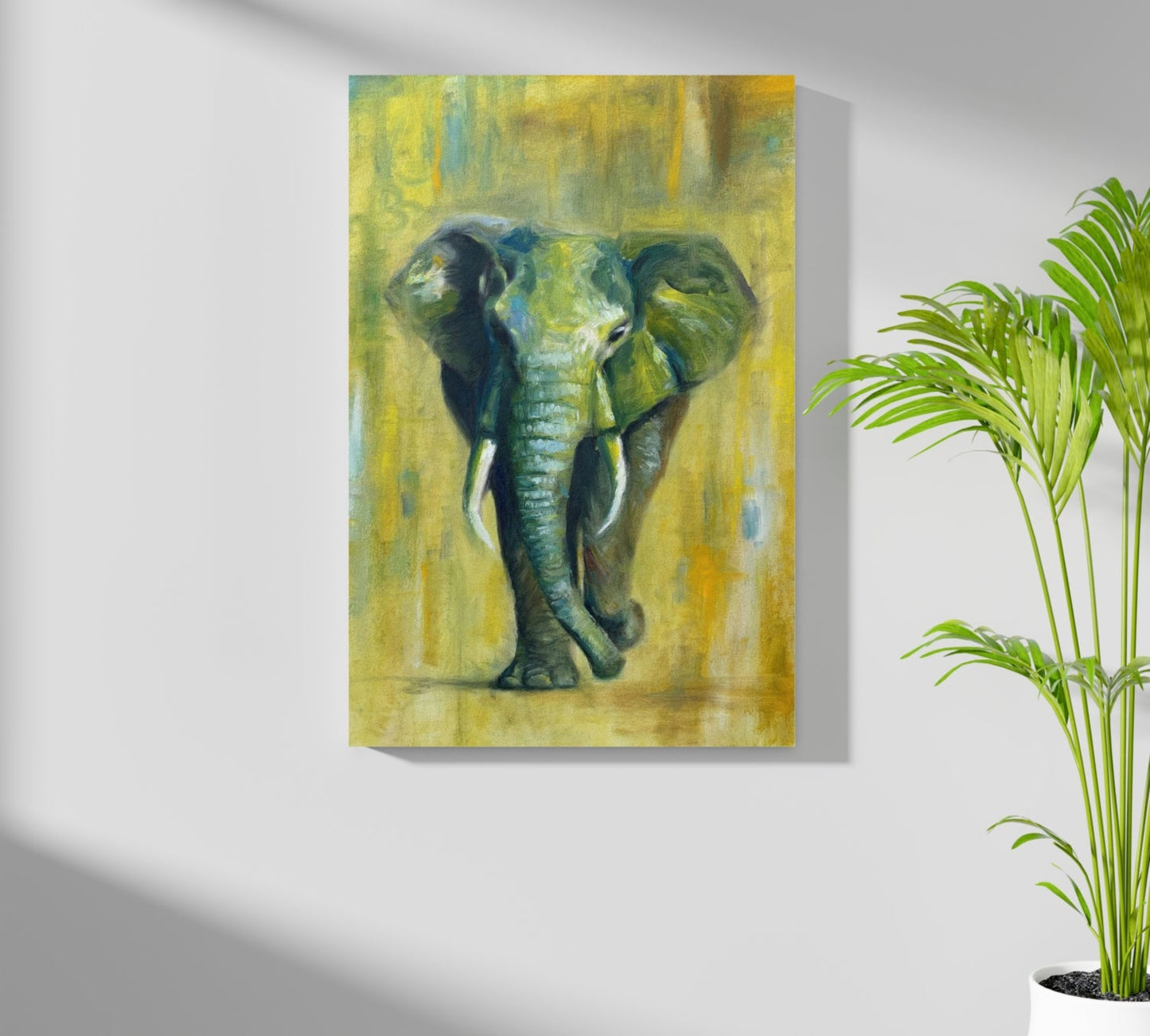 Green And Yellow Oil Painted Walking Elephant Aluminum Print
