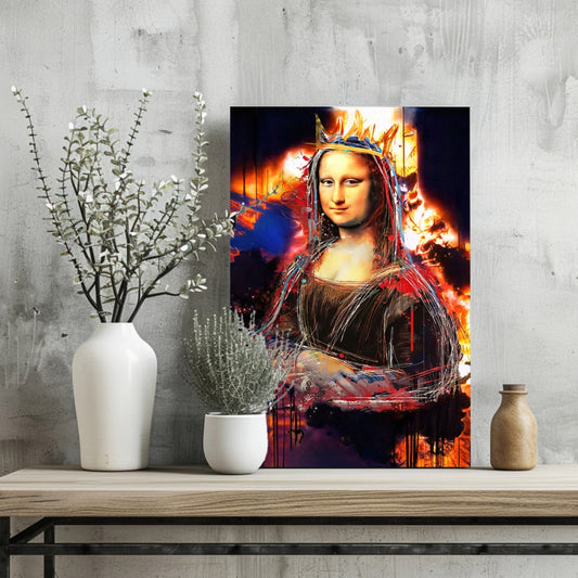 Mona Lisa Fiery Paint Splatter Crown Lady Portrait Aluminum Print