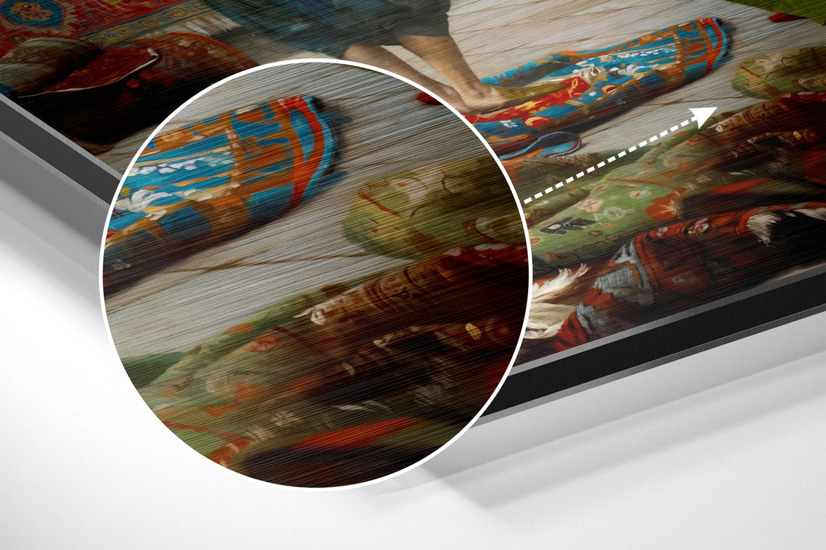 Magnified detail of the brushed metal grain showing through the carpet seller bazaar scene print