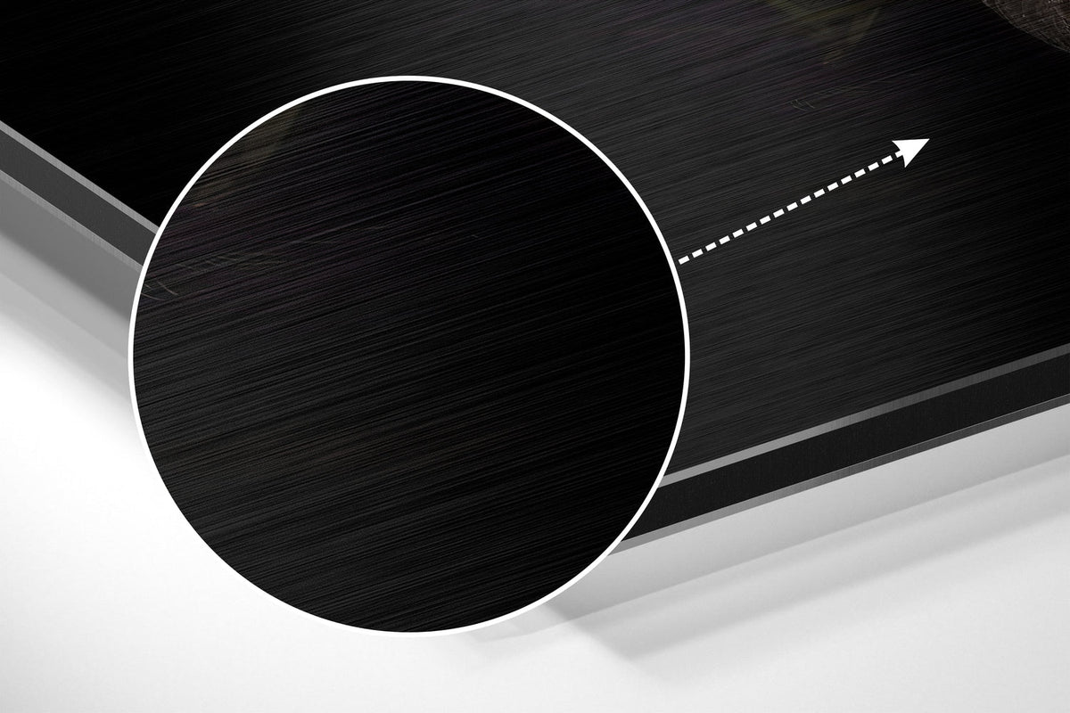 Magnified detail of the brushed metal grain showing through the black swan print
