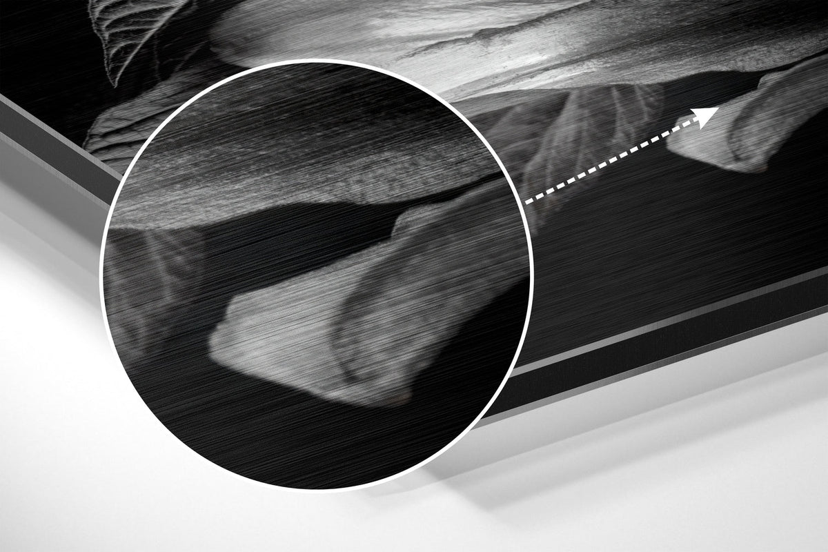 Magnified detail of the brushed metal grain showing through the monochrome lilies with golden leaves print