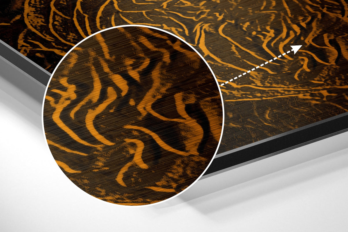 Magnified detail of the brushed metal grain showing through the copper rose pattern print