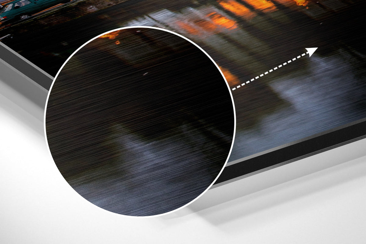 Magnified detail of the brushed metal grain showing through the canal houses and arched bridge at dusk print