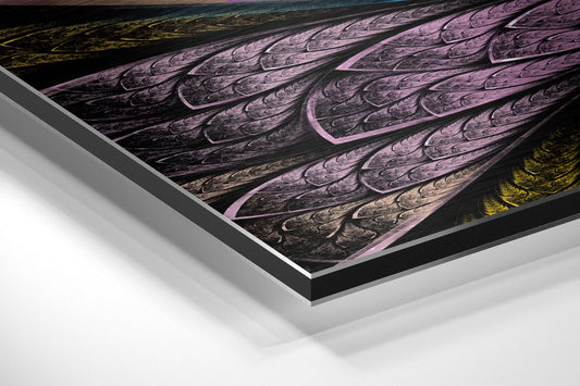 Jewel tone fractal flower brushed aluminum panel corner close-up showing the brushed metal grain